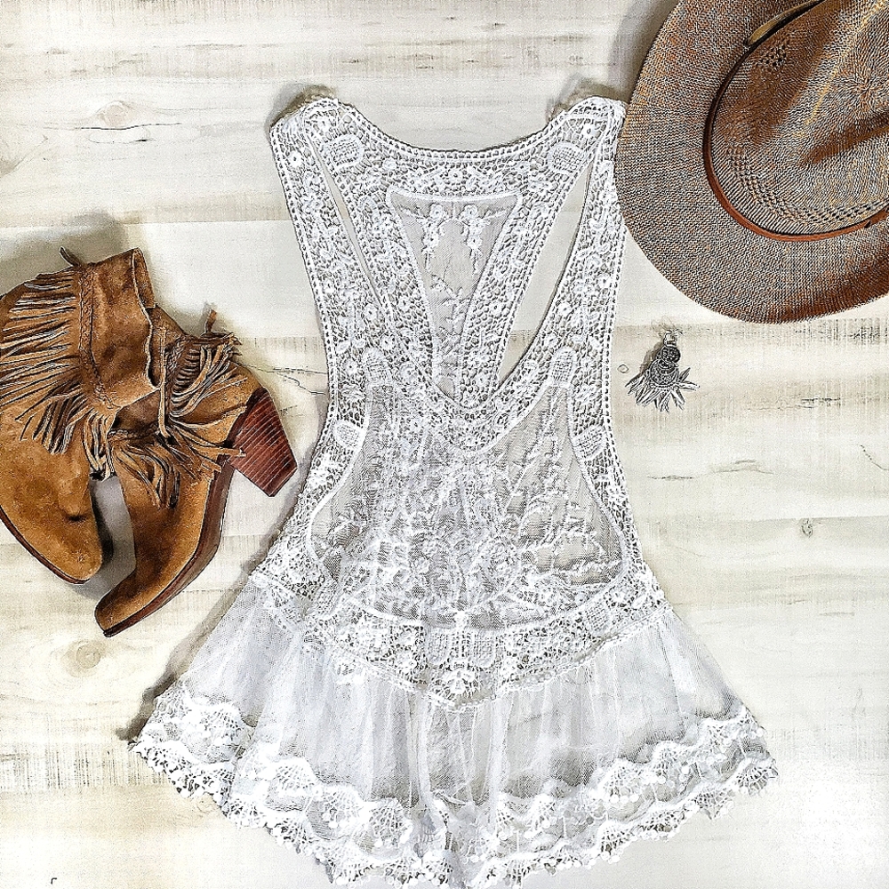 NEW Flowy Crochet Sheer Lace Racerback Tank Top Cover Up White